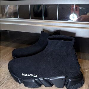 Balenciaga Black Knit Sock-Style Sneakers with White Logo